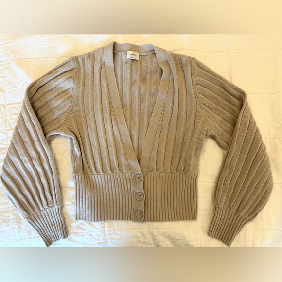 Aritzia Sweaters - Aritzia Wilfred Tan Plunge Front Cardigan Merino Wool Cotton Blend, Large.EUC!